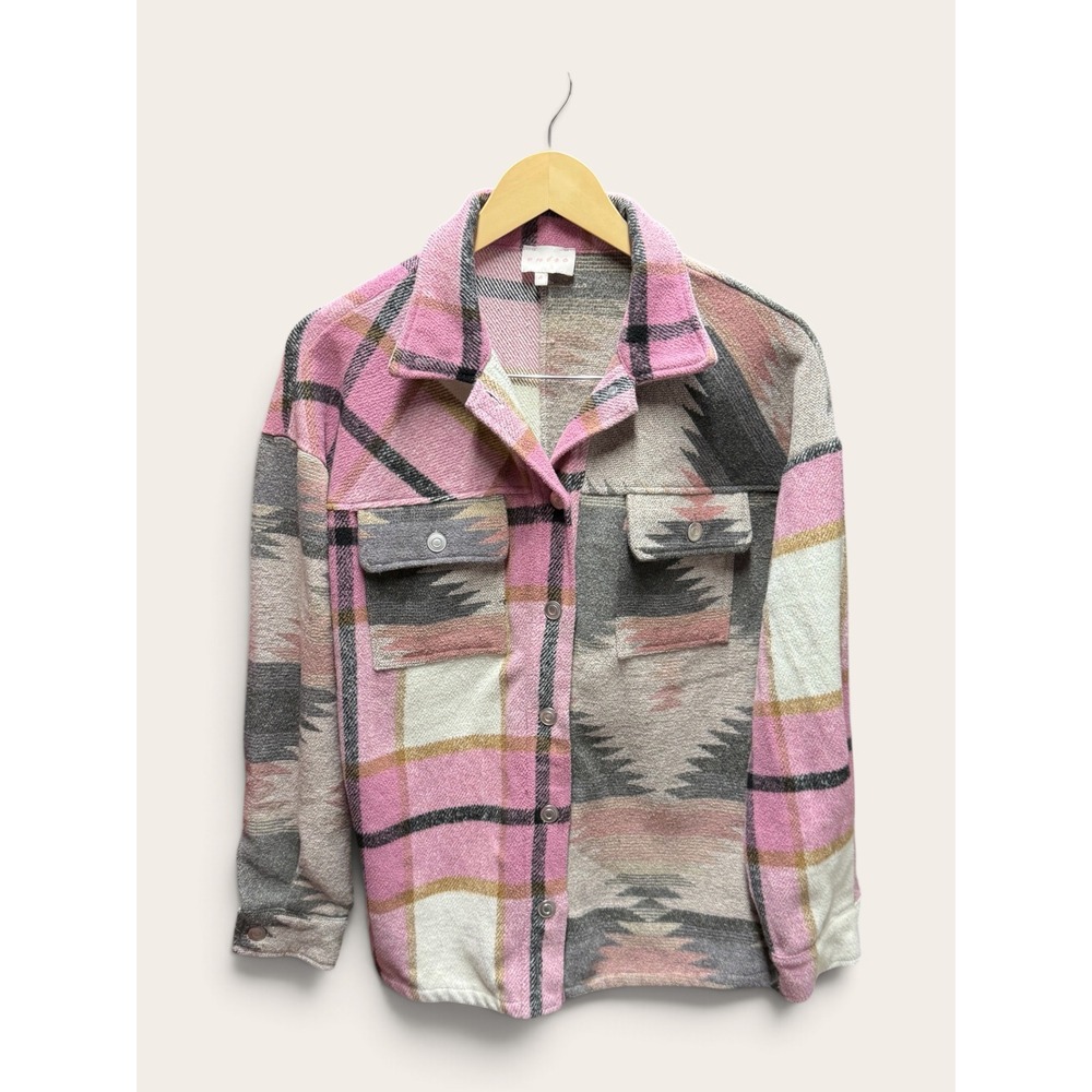 Entro Pink Grey Southwestern Plaid Shacket Shirt Jacket Small